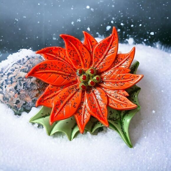 Vintage Poinsettia Brooch Pin Celluloid Plastic Christmas MCM Holiday Winter Red - Picture 14 of 14
